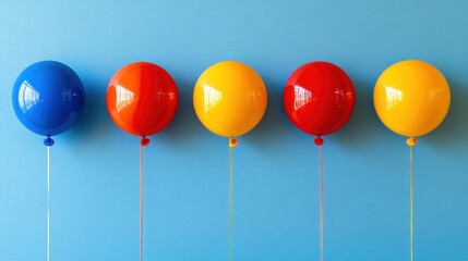 Five colorful balloons arranged in a row against a blue background.