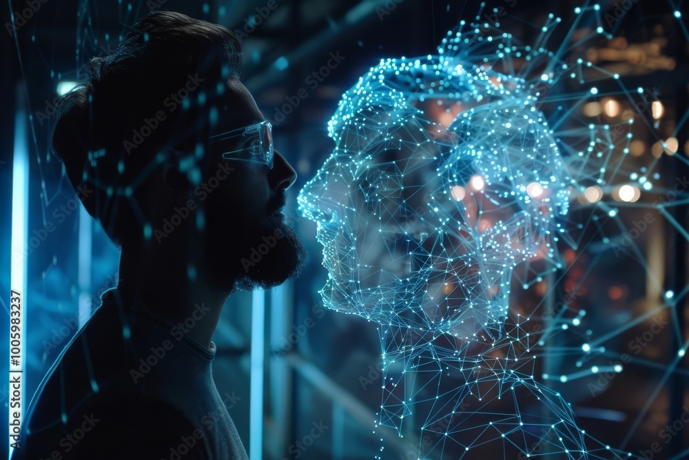 Poster exploring the intersection of technology and humanity through a digital interface in a futuristic se