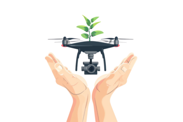 A drone delivering a small potted plant, symbolizing sustainable tech delivery, on a white background