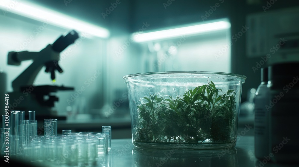 Poster a laboratory scene featuring a microscope and a container of plants for scientific study.