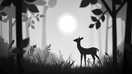 A serene silhouette of a deer in a misty forest with a bright moon.