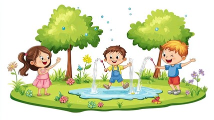Three Children Playing in a Puddle with Water Splashes