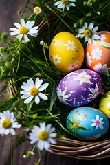 Fototapeta premium vibrant colored Easter eggs in a wicker basket