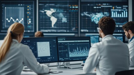 Scientists analyzing data on multiple screens in a modern office, focusing on research and data visualization techniques.