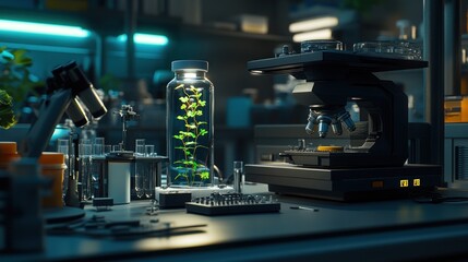 Laboratory setup with a microscope, plant specimen, and scientific equipment for research.