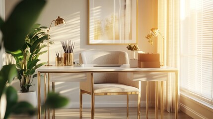 A bright, modern office space with a desk, chair, and decorative plants.