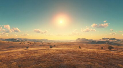 Obraz premium A panoramic view of an endless plain, with sparse trees dotting the landscape and the sun high in the sky.