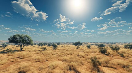 Fototapeta premium A panoramic view of an endless plain, with sparse trees dotting the landscape and the sun high in the sky.