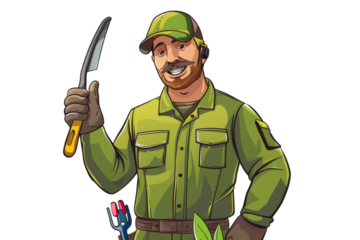 A gardener in a green uniform, holding pruning shears and a trowel, white background.