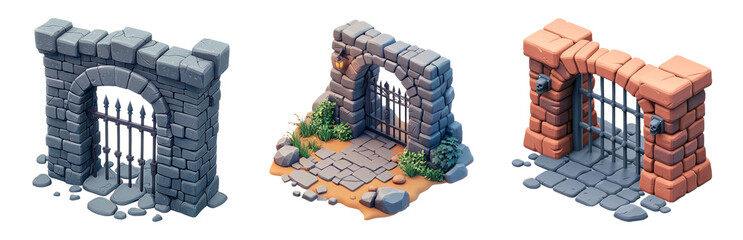 Various medieval gate designs for fantasy settings. 3D icons and objects collection, in cartoon style isolated on transparent background