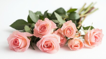 A bouquet of pink roses with a wedding ring, symbolizing love and romance.