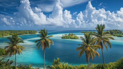 Fototapeta premium A panoramic view of an island surrounded by a sparkling lagoon, with coconut palms swaying in the breeze and the ocean beyond.