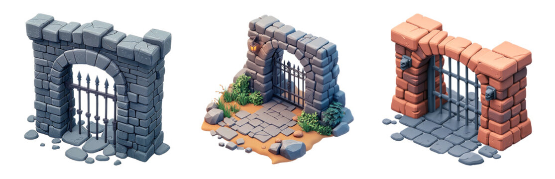 Various medieval gate designs for fantasy settings. 3D icons and objects collection, in cartoon style isolated on transparent background