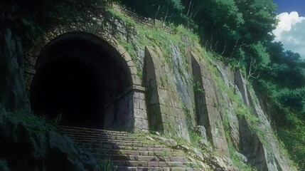 Naklejka premium Mysterious Stone Archway Leading Into a Dark Tunnel.