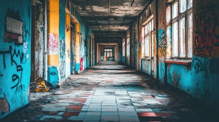 Fototapeta premium A desolate corridor in an abandoned building, featuring graffiti and worn-out flooring.