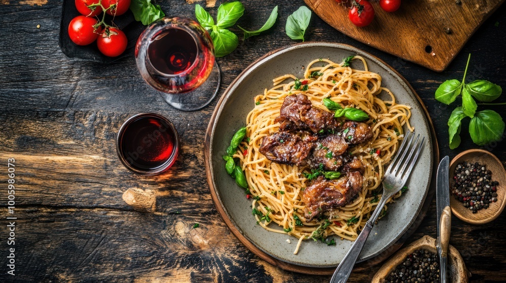 Wall mural A delicious plate of pasta with meat and fresh basil, accompanied by a glass of red wine.