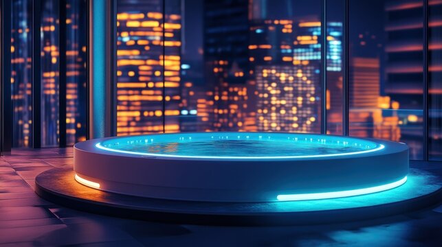 A modern jacuzzi with glowing lights, set against a vibrant city skyline at night.