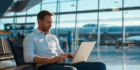 Young businessman working on laptop in airport terminal, waiting for flight. Busy professional using technology while traveling.