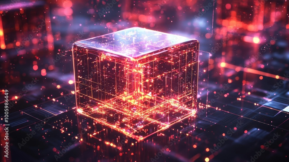 Poster a glowing cube in a futuristic digital landscape, showcasing vibrant lights and intricate patterns i