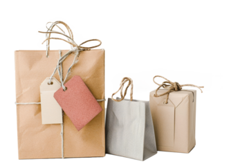 Tags on gift boxes, bags and wrapping paper.