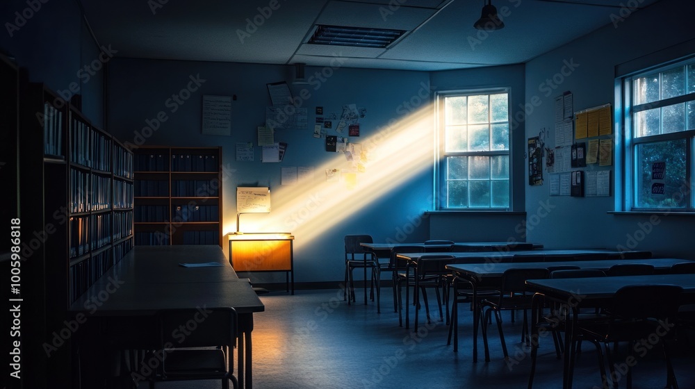 Poster A dimly lit classroom with sunlight streaming through a window, creating a serene atmosphere.