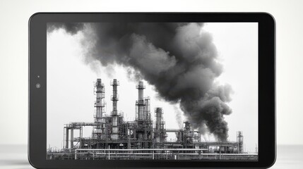 A digital device displays an industrial scene with a factory emitting dark smoke, representing pollution and the energy sector.