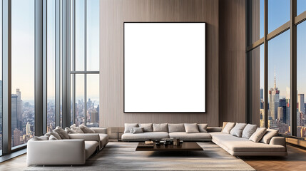Fototapeta premium A modern living room with a blank poster mockup on the wall with cityscape view.