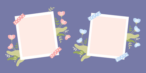 Instant photo frame set. Photography with empty space with soft pink and blue flowers and leaves. Vector illustration. Isolated template in flat style for holiday design.