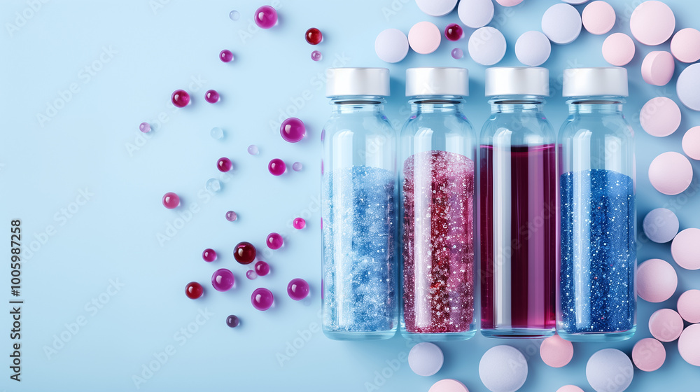 Poster four glass vials filled with colorful glitter and liquid sit on a soft blue surface alongside assort