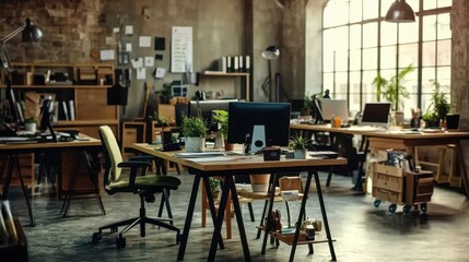 Obraz premium A modern, cozy office space featuring wooden desks, plants, and a bright window, creating an inviting work environment.