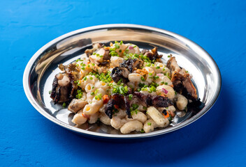 GRILLED CHICKEN MACARONI SALAD served in plate isolated on blue background closeup side view of protein salad