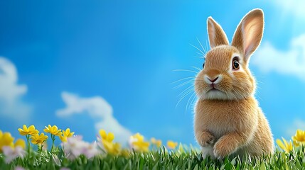 Fototapeta premium Fluffy rabbit hopping joyfully through a vibrant field of wildflowers, a scene filled with life and natural beauty.