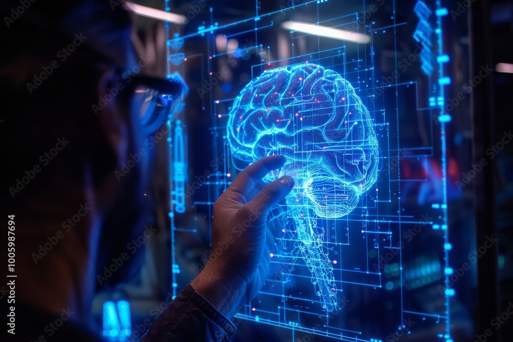 Poster exploring the digital brain interface in a futuristic lab setting amidst glowing holographic technol