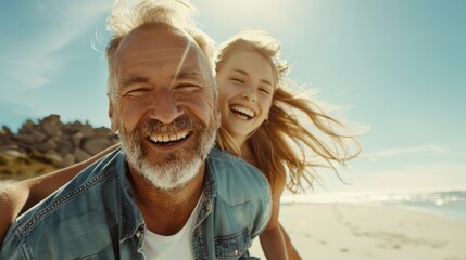 A man and a girl are smiling and posing for a picture on a beach