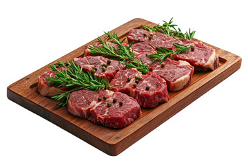 Fototapeta premium wooden board displaying a variety of raw steak cuts, garnished with fresh herbs and spices.