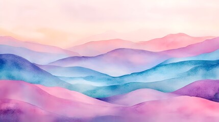 Ethereal pastel landscape with soft rolling hills in shades of pink lavender and azure creating a dreamlike impressionistic scene with a high and experimental watercolor technique