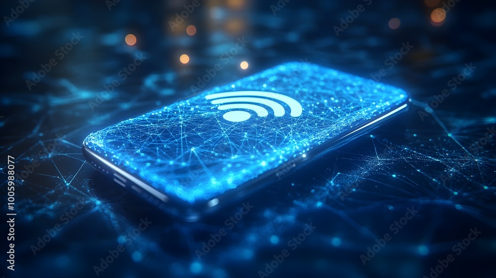 Poster high speed mobile smartphone and wireless network connection icon on blue digital background