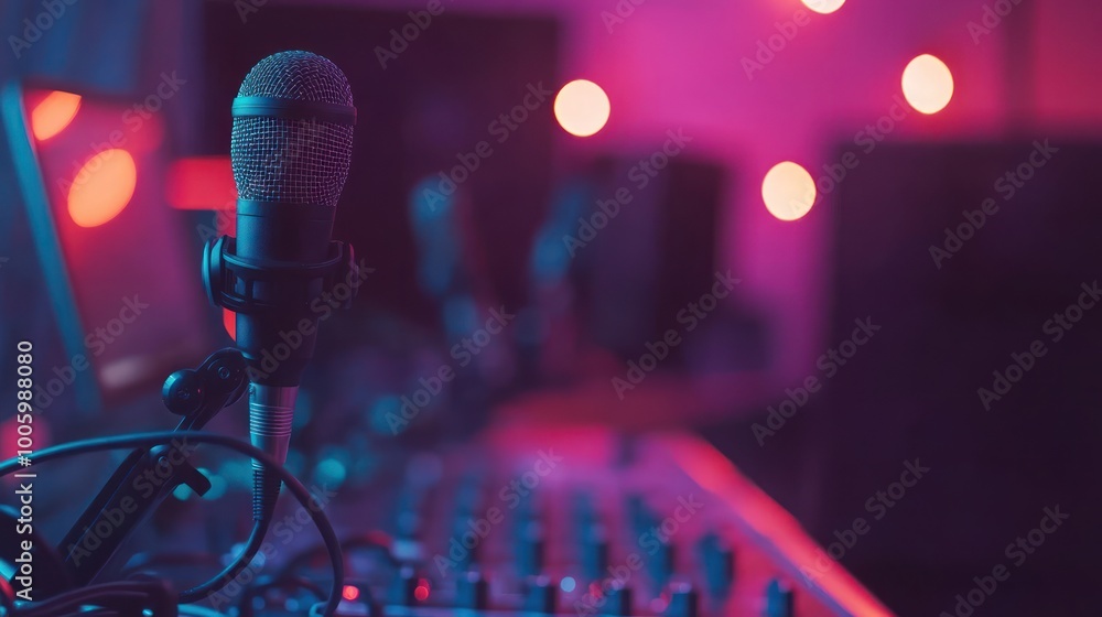 Poster a close-up of a microphone on a sound mixer with colorful lighting in the background.