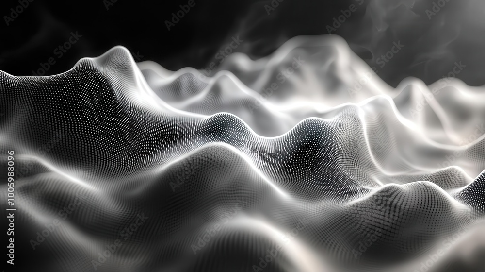 Poster a captivating abstract representation of flowing waves shrouded in a mist, conveying depth and fluid
