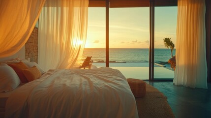 A serene bedroom with ocean view, showcasing tranquility and relaxation at sunset.