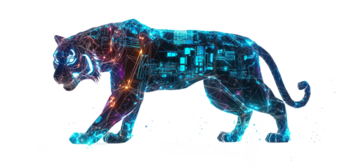 neon-lit, futuristic tiger isolated on a white background, with glowing blue circuits and wires.