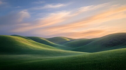 Serene pastel landscape with lush rolling hills wispy clouds and a warm golden light creating a calming dreamlike atmosphere