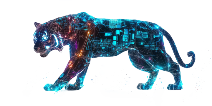 neon-lit, futuristic tiger isolated on a white background, with glowing blue circuits and wires.