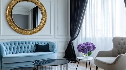 Elegant Living Room Interior with Blue Sofa, Gold Mirror, and Purple Flowers