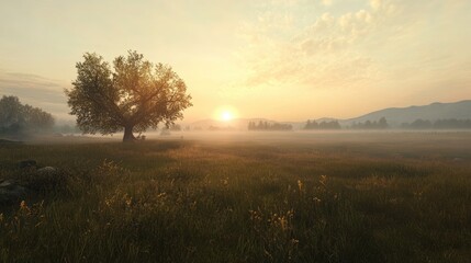 Fototapeta premium A peaceful morning on the plains, with a light fog hanging over the landscape and the sun just beginning to rise in the distance.