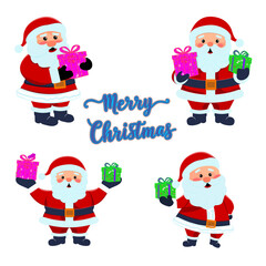 Set of cute funny Santa Clauses in different poses, emotions and gifts in hands. Poster with Merry Christmas and Happy New Year greetings. Vector illustration