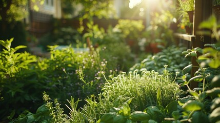 A lush green oasis of herbs and vegetables thriving in a backyard kitchen garden