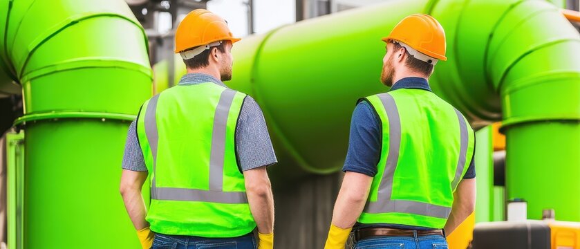 Two construction workers in safety gear inspect large green pipes in an industrial setting, focusing on safety and efficiency.