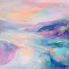 Mesmerizing abstract landscape painting featuring a captivating blend of pastel hues amorphous organic shapes and dynamic brushwork creating a serene and contemplative atmosphere
