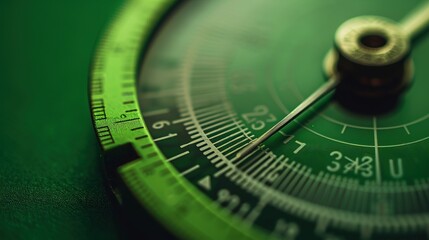 A macro shot of a digital protractor displaying angle measurements with a solid green background
